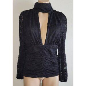 Bebe Sexy Medium Black Full Floral Lace Deep V-neck Long Sleeve Blouse Goth Top